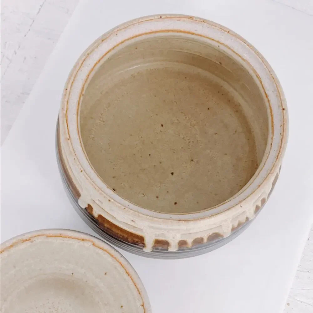 Vintage Signed Chambers Ovenware Lidded Stoneware Pot Brown Drip Glaze Pottery